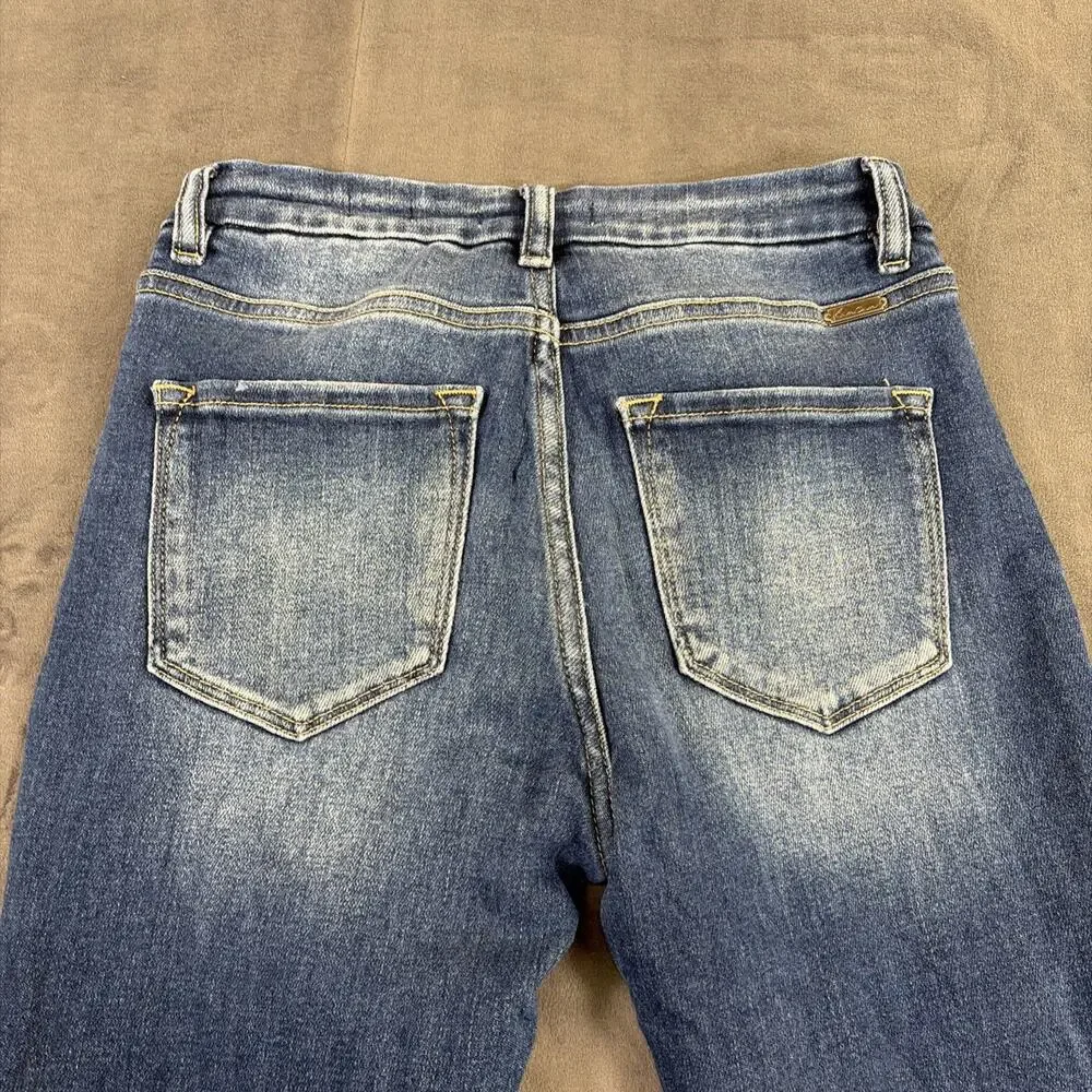 Kancan Kurvy Mid Rise Super Flare Frayed Hems Jeans Size 26×30 Bnfts Charity